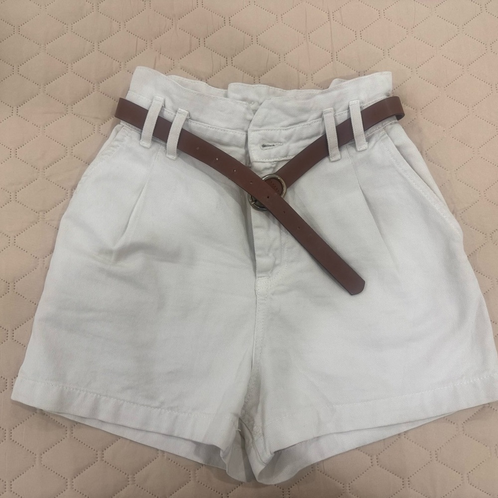 Zara High Waist White Shorts with Brown Belt